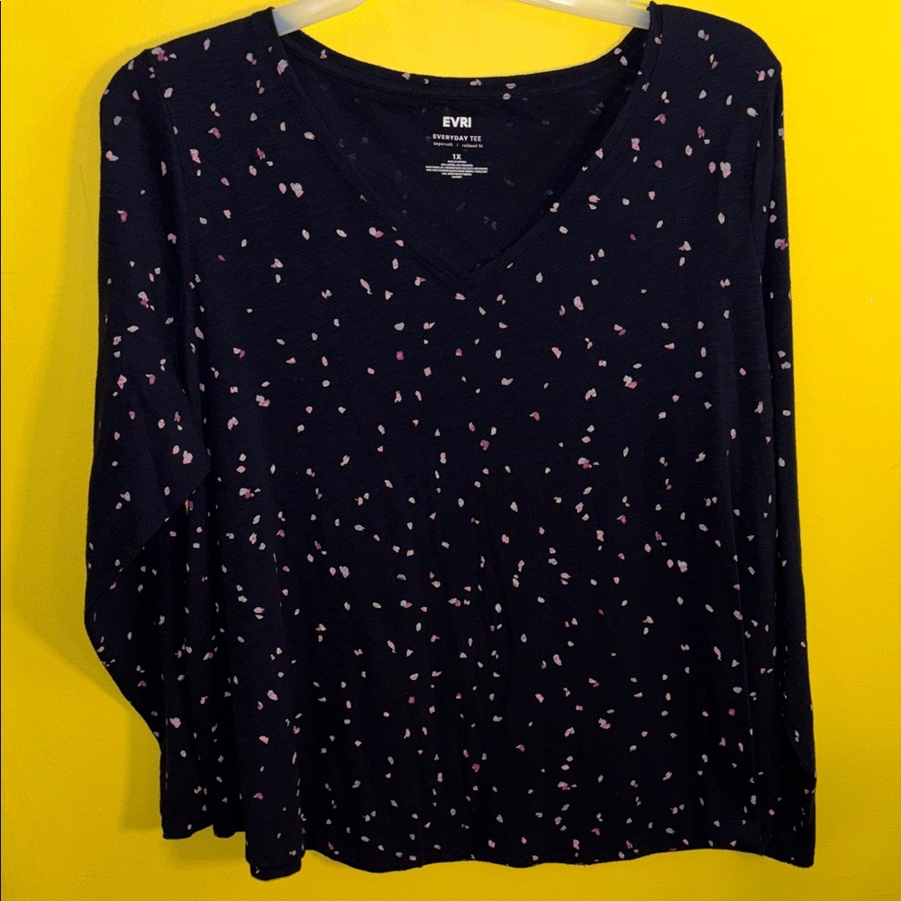 EVRI Navy Blue V-Neck Long Sleeve Top with Pink Speckle Print NWOT